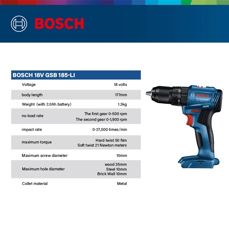 Bosch Drill Gsb 18V - บ๊อช GSB 185-LI 18V สว่านกระแทกไร้สายแบบไร้แปรงถ่าน 1900